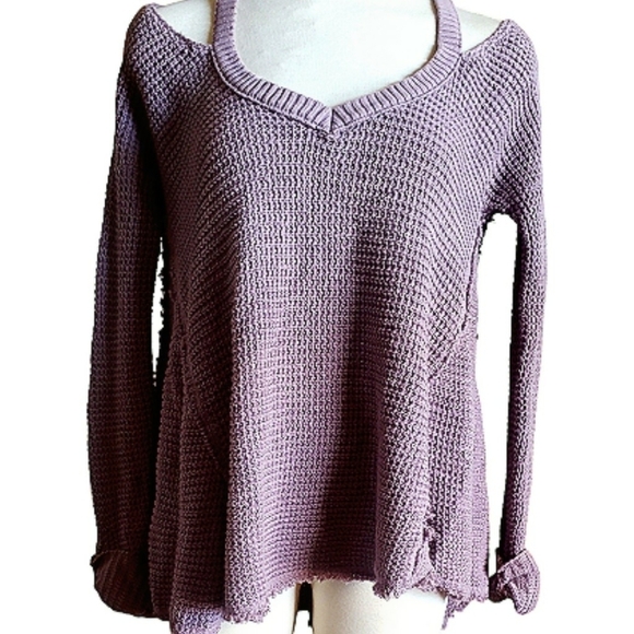 Free People Lilac Cold Shoulder Top Waffle Knit Boho Flowy Sweater XS TP Y2K - Picture 2 of 11